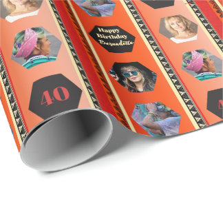 Photo Bold Bohemian Orange Black Gradient Birthday Wrapping Paper