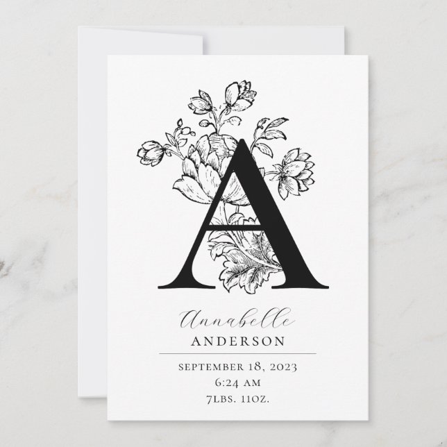 Photo Botanical Floral Monogram Letter A Birth Ann Announcement (Front)