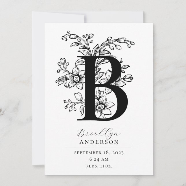 Photo Botanical Floral Monogram Letter B Birth  Announcement (Front)