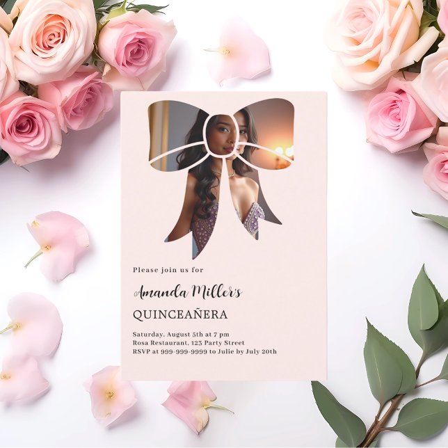 Photo bow cream elegant Quinceanera Invitation (Creator Uploaded)