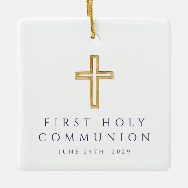 Photo Boy Religious Cross Blue First Communion Ceramic Ornament (Front)