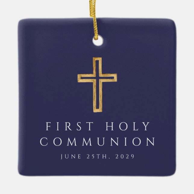 Photo Boy Religious Cross Blue First Communion Ceramic Ornament (Front)