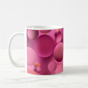 photo, bright oily drops in water with colourful b coffee mug