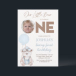 Photo Brown Blue Balloons Beary First Birthday Invitation<br><div class="desc">Photo Brown Blue Balloons Beary First Birthday Invitation

Cute bear themed first birthday invitation for a baby boy featuring a teddy bear in a overalls,  flying goggles,  and balloons.  This beary first birthday invitation also features a photo in one balloon and some non editable modern calligraphy text.</div>