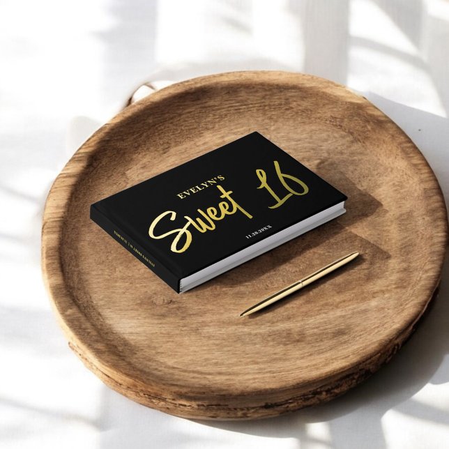 Photo Brush Script Elegant Black Sweet 16 Guest Book (Creator Uploaded)