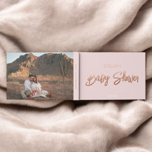 Photo Brush Script Elegant Pink Baby Shower Guest Book
