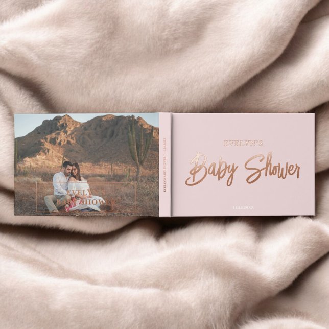 Photo Brush Script Elegant Pink Baby Shower Guest Book (Creator Uploaded)