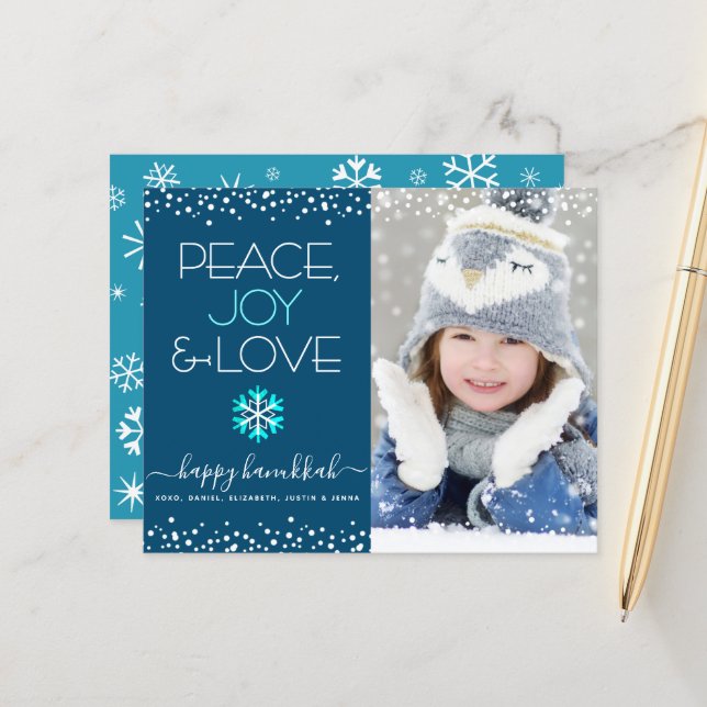 Photo Budget Hanukkah Peace Love Snowflake Card (Front/Back In Situ)