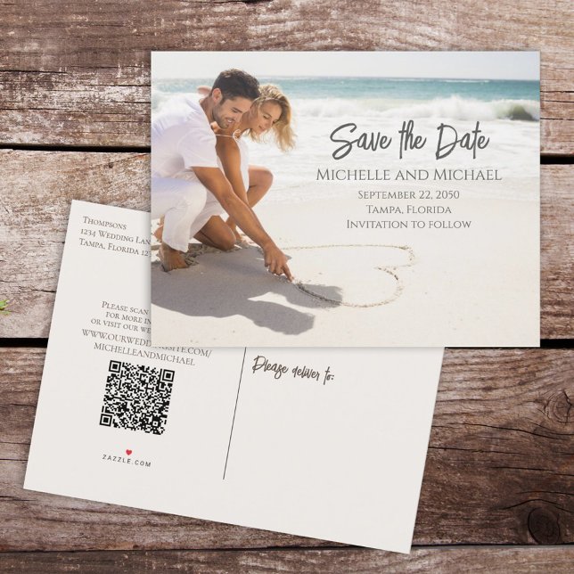 Photo Budget Modern Save the Date Wedding QR Code Announcement Postcard (Creator Uploaded)