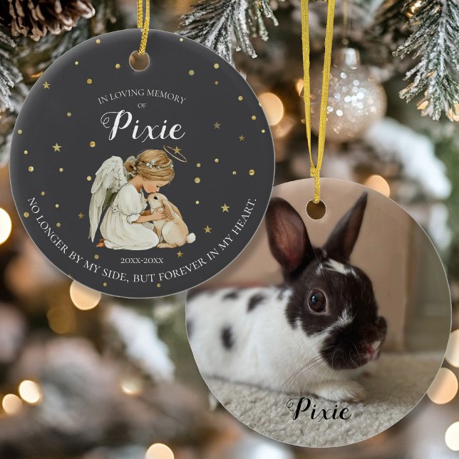 Photo Bunny Pet Memorial  Ceramic Ornament (Bunny Rabbit Memorial Ornament with Angel)