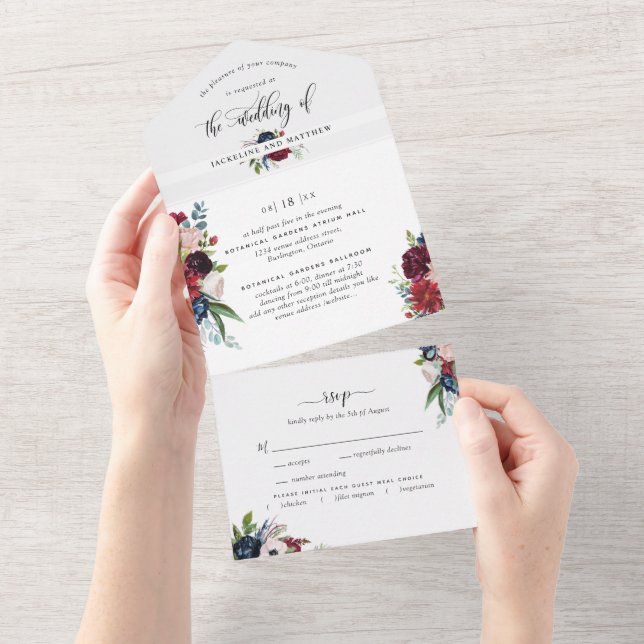 Photo, Burgundy and Blue Wedding & Perforated RSVP All In One Invitation (Tearaway)