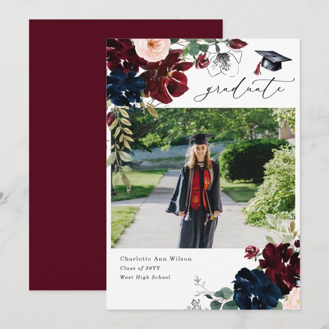 Photo Burgundy Floral Graduation Announcements (Front/Back)
