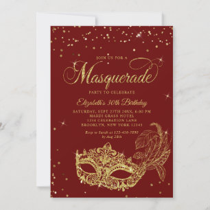 Photo Burgundy Gold Glitter Masquerade Birthday Invitation