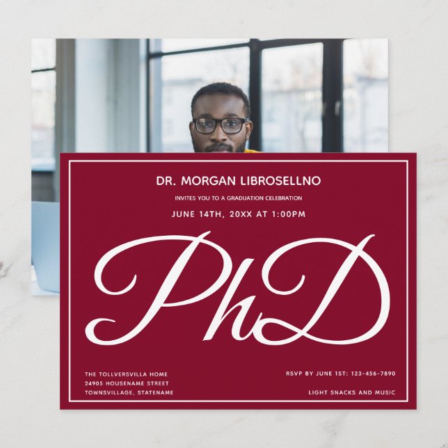 Photo Burgundy PhD Graduation Party Invitation (Front/Back)