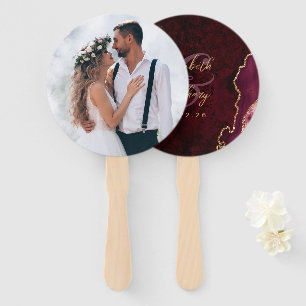Photo Burgundy Red Gold Agate Script Wedding Hand Fan