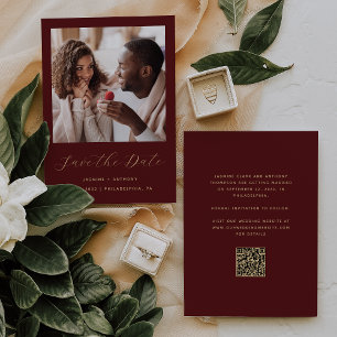 Photo Burgundy Red Gold Script QR Code Save The Date