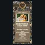 Photo Burlap   Carved Heart Camo Wedding  Programs<br><div class="desc">Photo Burlap Carved Heart Camo Wedding Programs - features a printed hunting camouflage background with design elements of burlap and twine. A printed brown burlap box contains the wedding text. A printed log slice with a burned heart sits on the twine. You can "carve" initials into the heart by changing...</div>