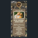 Photo Burlap   Carved Heart Camo Wedding  Programs<br><div class="desc">Photo Burlap Carved Heart Camo Wedding Programs - features a printed hunting camouflage background with design elements of burlap and twine. A printed brown burlap box contains the wedding text. A printed log slice with a burned heart sits on the twine. You can "carve" initials into the heart by changing...</div>