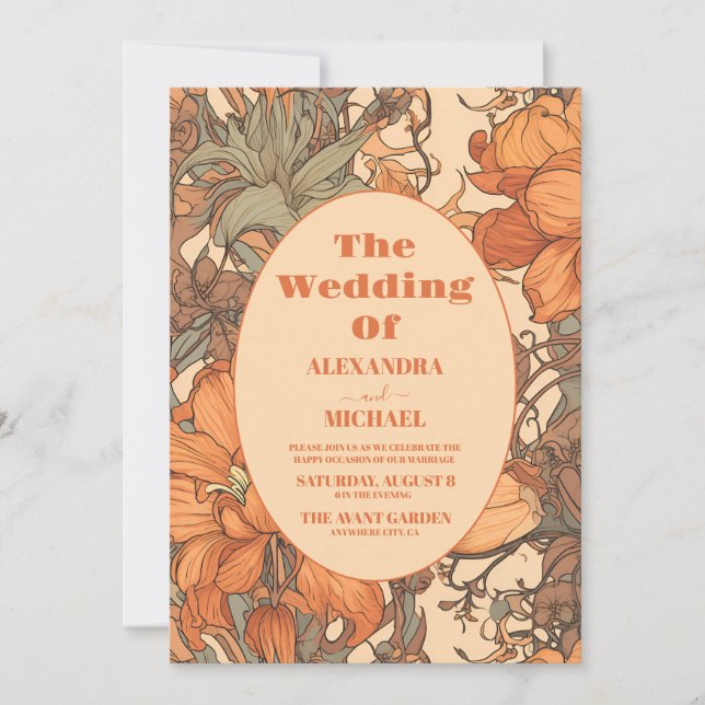 Photo Burnt Orange Floral Art Nouveau Wedding Invitation (Front)