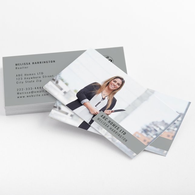 Photo Business Card | Easy Custom Branding | Grey (A modern gray photo business card with company logo & photo of a woman in a professional suit.)