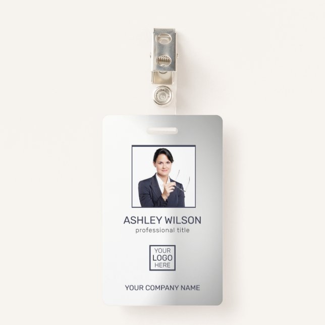 Photo Business ID On Gradient Grey Badge (Front with Clip)
