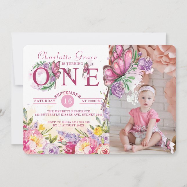 Photo Butterfly Watercolor Floral First Birthday Invitation (Front)
