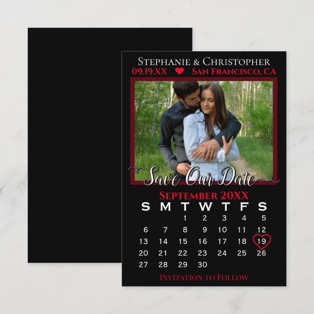 Photo Calendar Black & Red Wedding Save Our Date Card (Front/Back)
