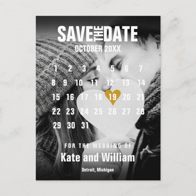 Photo Calendar Gold Hearts Confetti Save the Date Announcement Postcard (Front)