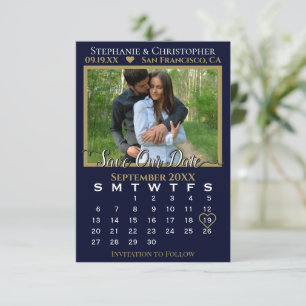 Photo Calendar Navy & Gold Wedding Save Our Date Card