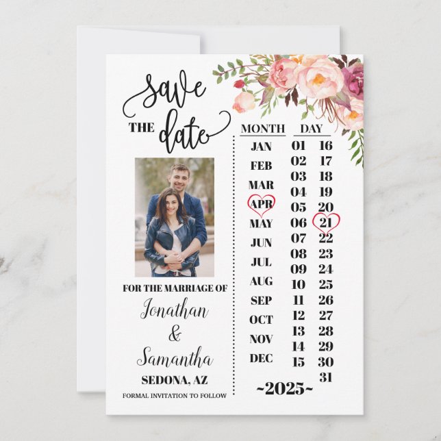 Photo calendar save the date Pink floral wedding Invitation (Front)