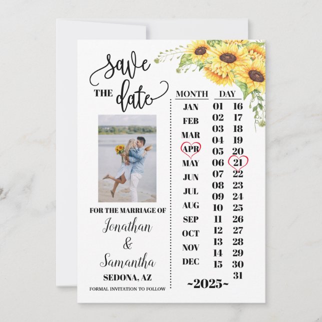 Photo calendar save the date sunflowers wedding invitation (Front)