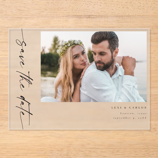 Photo & Calligraphy 4 Mod Horiz Save the Date Acrylic Invitations (Front)
