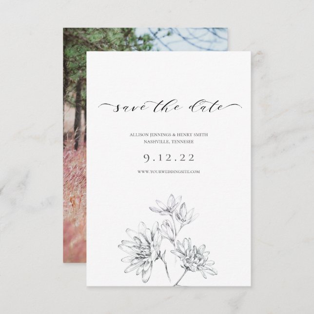 Photo Calligraphy Floral Wedding Save the Date (Front/Back)