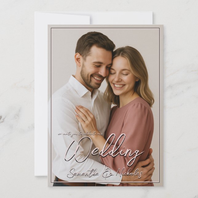 Photo & Calligraphy Minimalist Warm Blush Wedding Invitation (Front)