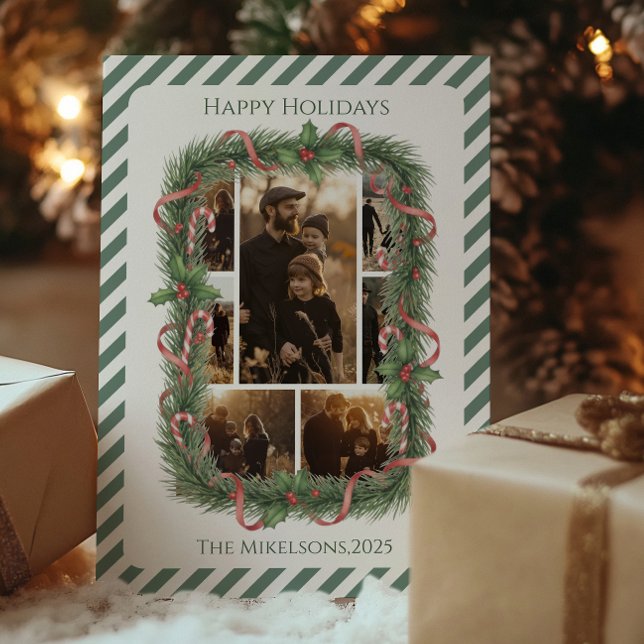 Photo Candy Cane Wreath Family Christmas Holiday Card (Creator Uploaded)