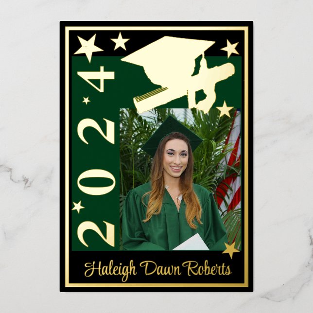 Photo Cap, Diploma, Stars, Green/Black Graduation (Front)