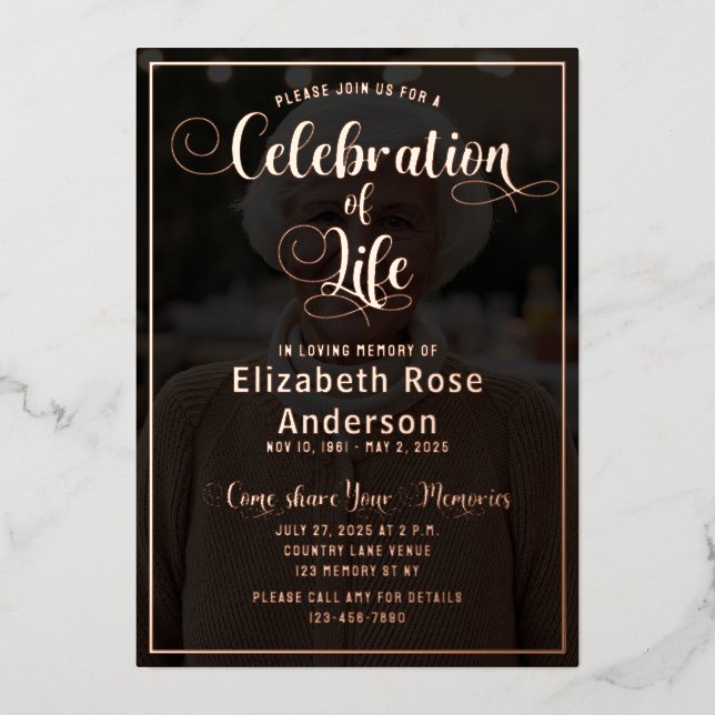 Photo Celebration of Life RoseGold Foil Invitation (Recto)