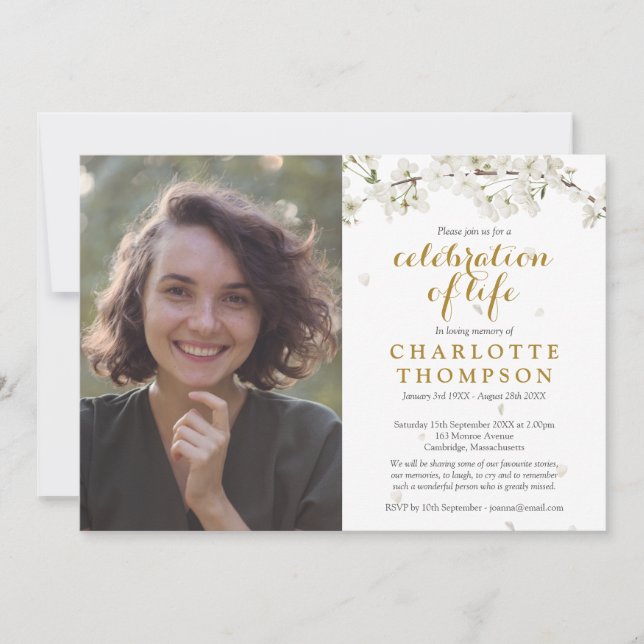 Photo Celebration of Life White Blossom Floral Invitation (Front)