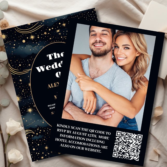 Photo Celestial Midnight Blue Stars Moon Wedding Invitation (Creator Uploaded)