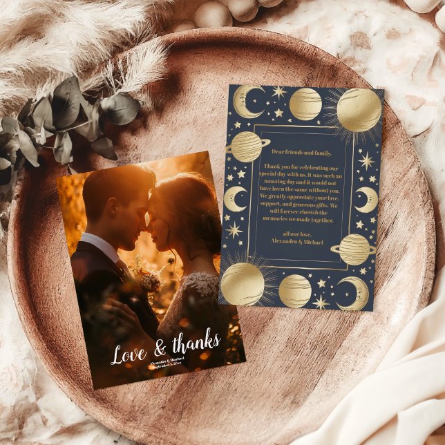 Photo Celestial Navy Gold Crescent Moon Wedding Thank You Card (Creator Uploaded)