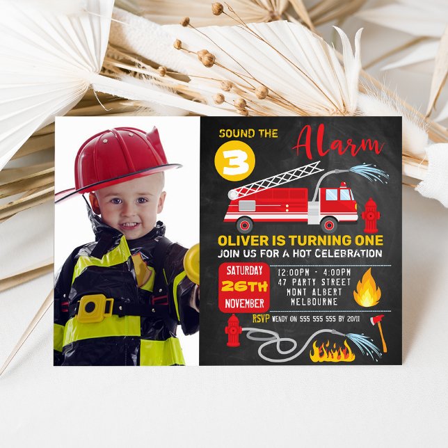Photo Chalkboard Fire Truck Invitation Anniversair (Fire Truck Birthday Invitation Template, Firetruck  Sound the Alarm Birthday Invitation, Chalkboard
)