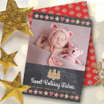 Photo Chalkboard Gingerbread Cookies Sweet Wishes Holiday Card<br><div class="desc">“Sweet Holiday Wishes”. A custom photo of your choice, whimsical gingerbread cookie tree, stars, hearts and candies, and playful script typography, overlay a dark charcoal grey chalkboard background and help you usher in the holiday party season. A peppermint candy pattern over a red background adorns the back. Celebrate with family...</div>