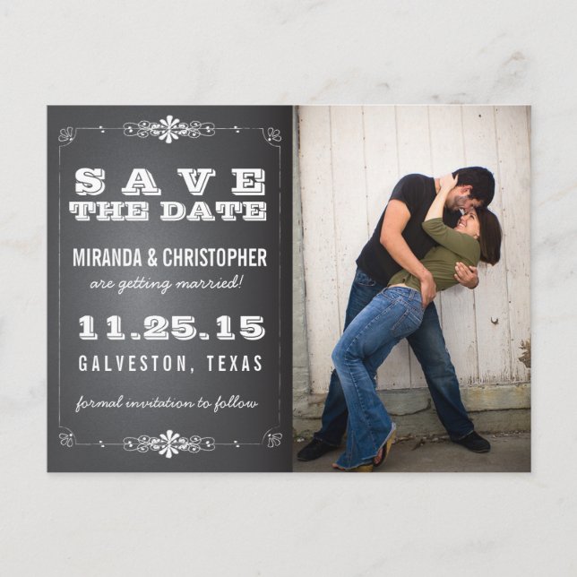 Photo Chalkboard Save the Date Wedding Postcard (Front)