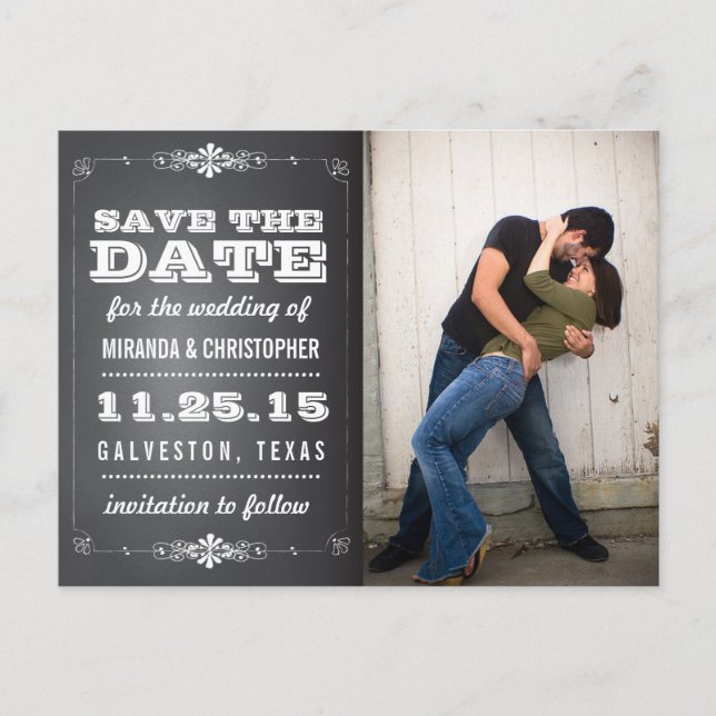 Photo Chalkboard Save the Date Wedding Postcard (Front)