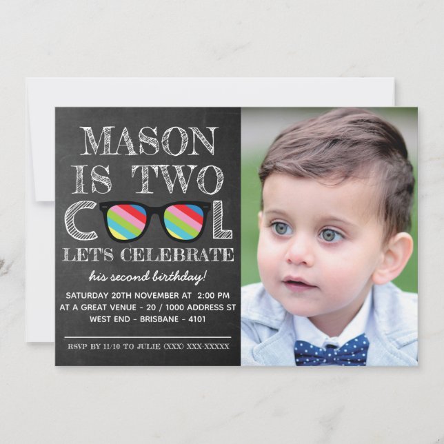 Photo Chalkboard Two Cool Two Years Old Birthday Invitation (Front)
