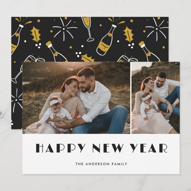 Photo Champagne et Lunettes Bonne année Carte (Devant / Derrière)