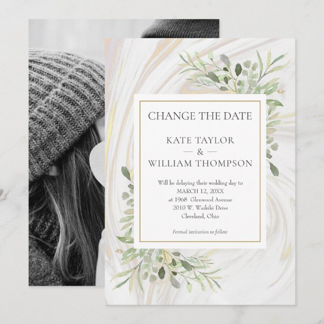 Photo Change the Date Greenery Leaves Marble Swirl Save The Date (Front/Back)