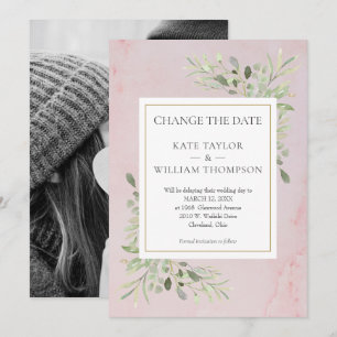 Photo Change the Date Greenery Leaves Pink Marble Save The Date