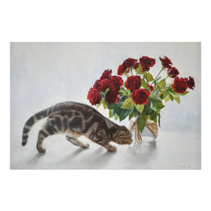 Photo Chat et roses rouges – Impression réaliste de pein