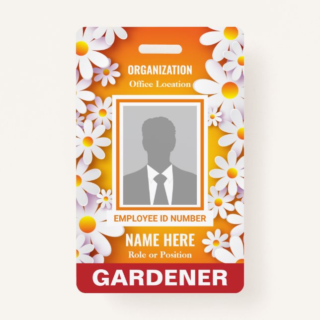 Photo Cheerful White Daisies Orange Identification Badge (Front)